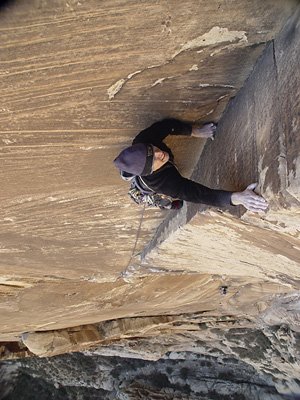 Brian Bowman at the top of pitch 6 of Tri Tip (5.11d), Black Velvet Canyon.