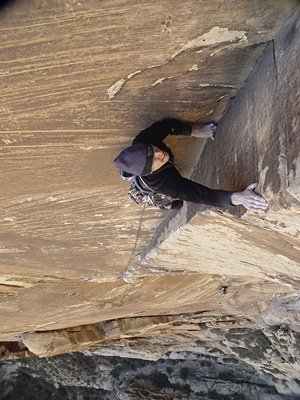 Brian Bowman at the top of pitch 6 of Tri Tip (5.11d), Black Velvet Canyon.