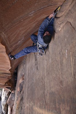 Pat DeZonia on The Warrior, pitch 3 (5.10d), Cactus Flower Tower.