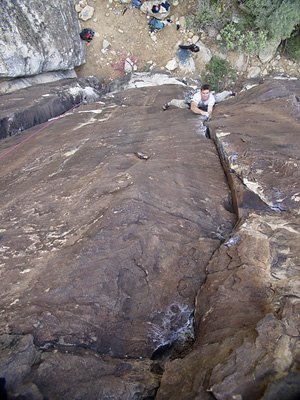 Rob DeZonia on Left Out (5.10d), Willow Springs.