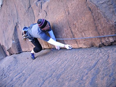 Andy Ross on Nightcrawler, pitch 4 (5.10c), Brownstone Wall.