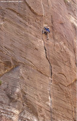 Dave Sorric on Adventure Punks, pitch 1(5.10b), North Face, Juniper Peak.