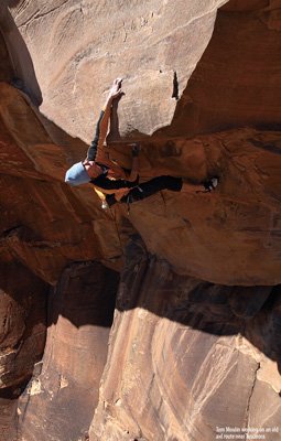 Tom Moulin on The Fortress, pitch 4 (5.13d). Oak Creek Canyon.