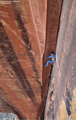 Pat DeZonia on The Warrior, pitch 3 (5.10d), Cactus Flower Tower.